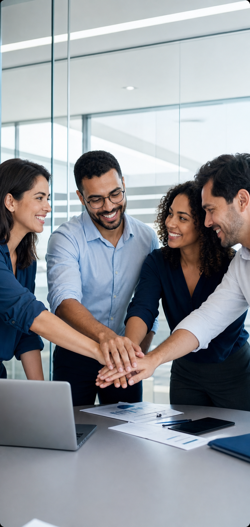 Equipe diversa reunida em um momento de colaboração