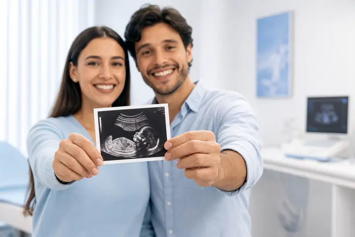 Casal sorrindo segurando imagem de ultrassom em ambiente clínico